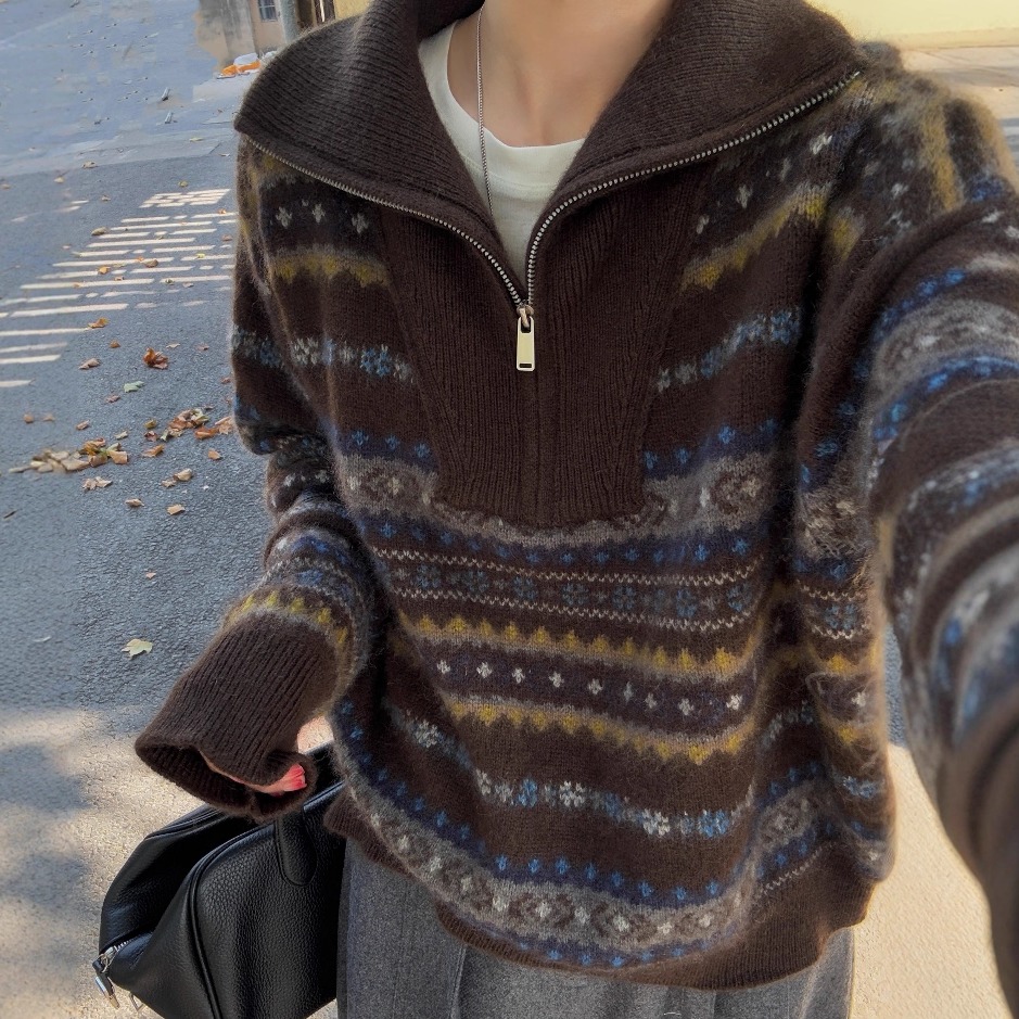 费尔岛提花半开拉链山羊绒毛衣