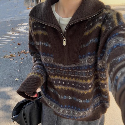 费尔岛提花半开拉链山羊绒毛衣