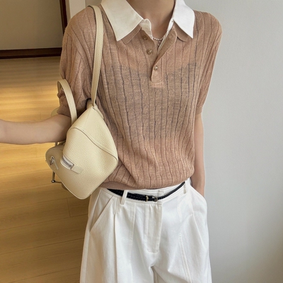 撞色双层翻领亚麻针织衫