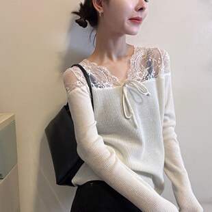 欧洲站2025冬季新款纯欲风蕾丝拼接透视羊毛针织衫女洋气打底衫