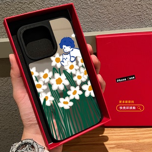 白色雏菊小猫咪男孩适用iphone17promax手机壳16pro苹果15磁吸MagSafe镜面14plus卡通可爱13保护套防摔15pm