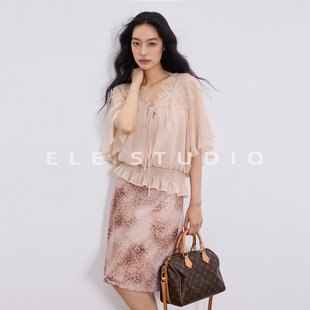 ELE甜椒 蕾丝拼接荷叶边短袖衬衫女夏系带喇叭袖收腰显瘦衬衣上衣