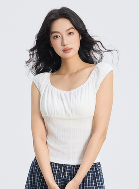 ELE甜椒 白色收腰背心T恤女夏季百褶边收腰一字肩设计感短袖上衣