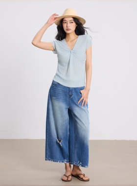 ELE甜椒 韩系小V领针织T恤女夏季薄款无袖修身显瘦休闲设计感上衣
