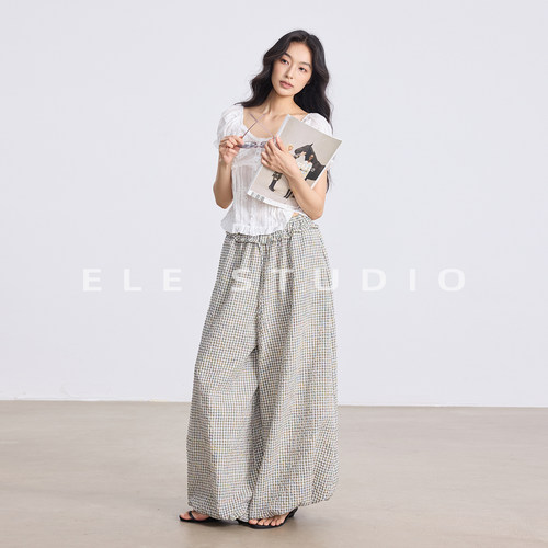 ELE甜椒 休闲格子灯笼裤女夏薄款水洗棉宽松显瘦高腰阔腿九分长裤