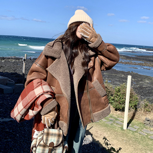 咖色复古皮毛一体机车棉服女冬装2024新款韩版时尚高级感加厚外套图片
