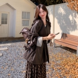 休闲格纹拼接气质深咖色皮衣外套女春秋2025新款独特超好看PU夹克，女装风衣，2B148