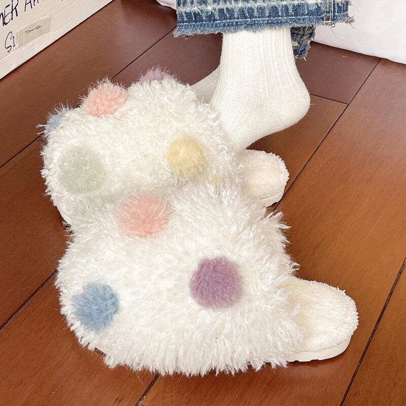 糖果色可爱毛球棉拖鞋冬季