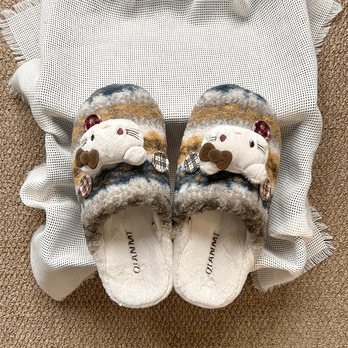 清新可爱KT猫棉拖鞋冬季少女居家格子包头拖防滑百搭外穿毛毛拖鞋