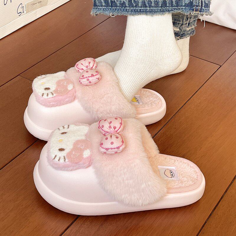 甜美可爱凯蒂猫包头拖鞋女冬季kitty猫棉拖鞋可外穿厚底毛毛拖鞋