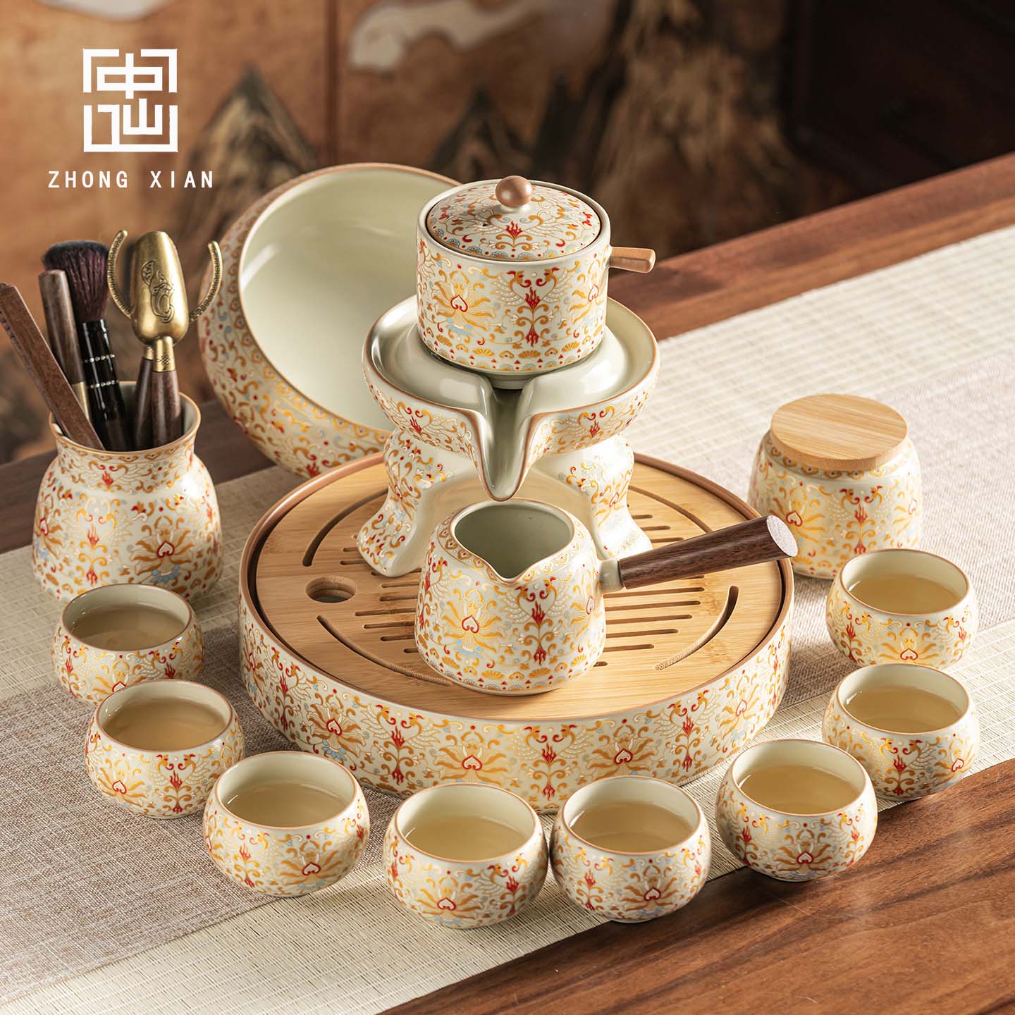 敦煌缠枝莲自动茶具套装2026新款家用懒人泡茶器高档轻奢茶壶茶杯