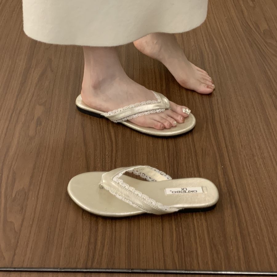 官网小圆点蕾丝花边平底夹趾人字一字拖