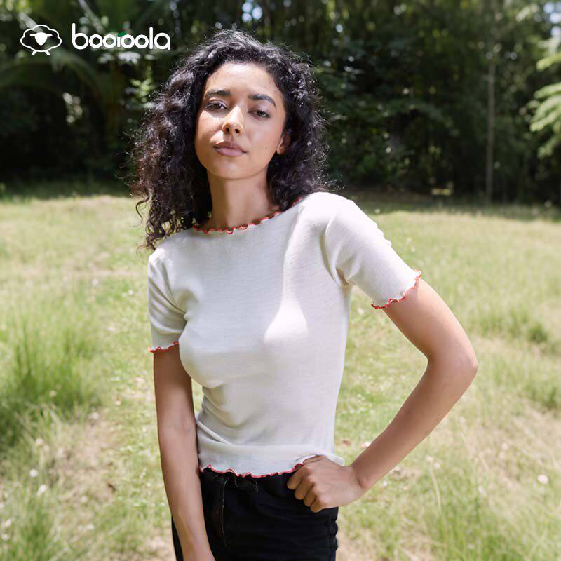 booroola 100%美利奴羊毛四季女款一字领短袖撞色T恤吸湿透气抑菌 - 实物图