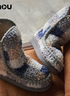 mou秋冬ESKIMO 24限定款泰迪绒布格纹保暖女士雪地靴冬靴短靴