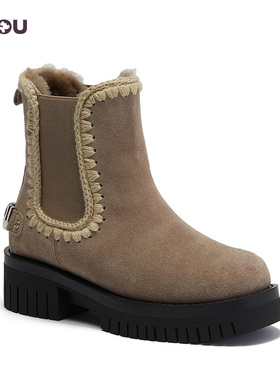 mou秋冬爱斯基摩羊皮毛一体套脚低筒马丁靴厚底雪地靴