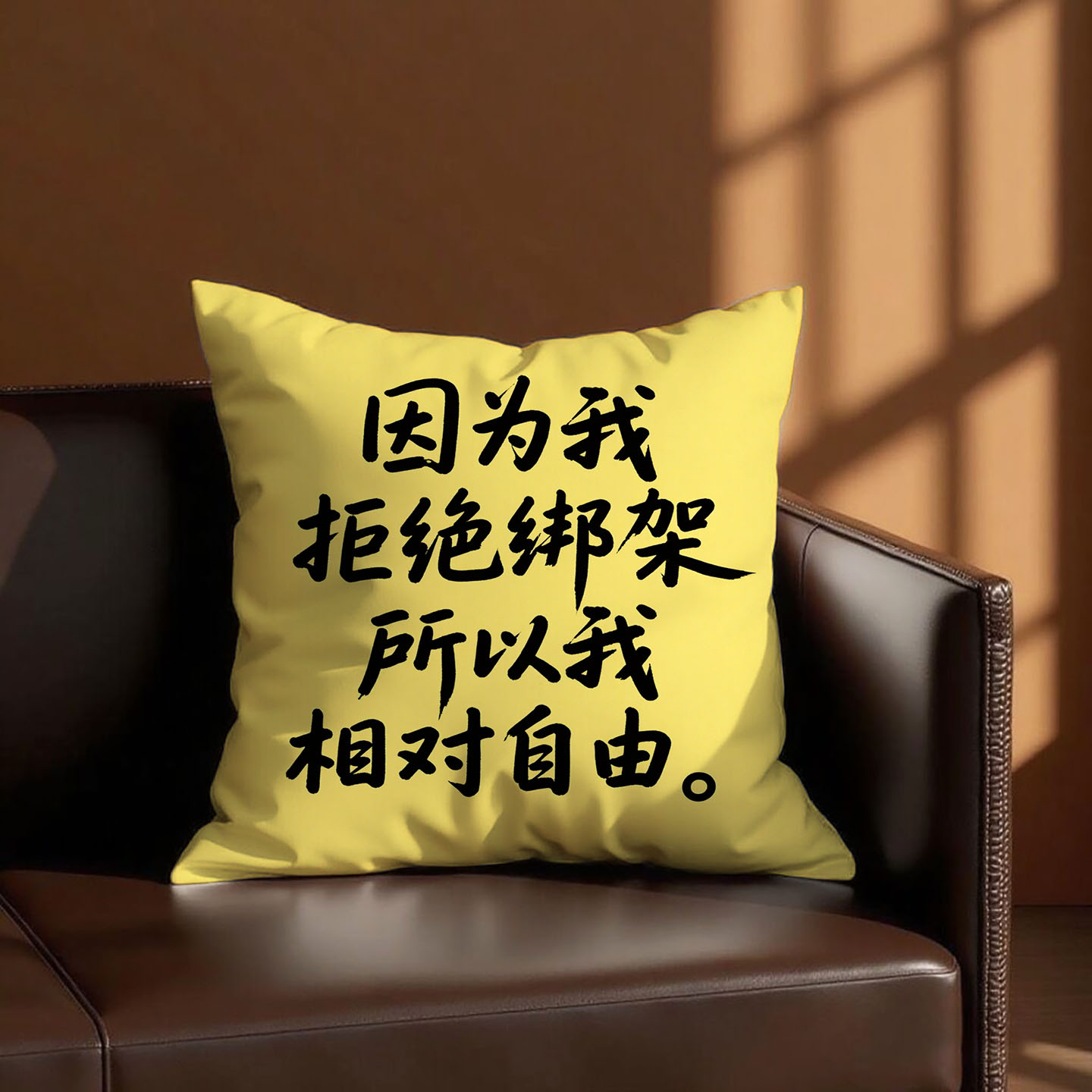 黄底黑字相对自由抱枕含芯桃皮绒可拆洗文艺简约汽车护腰靠枕文字