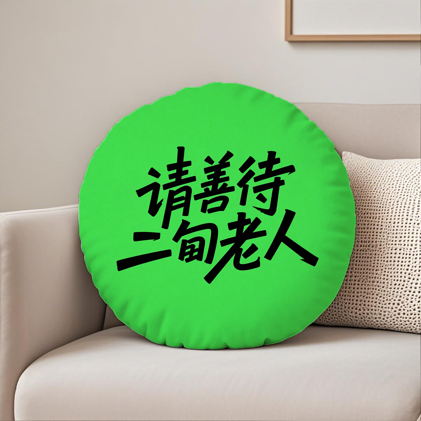 绿底黑字善待二旬老人圆形抱枕含芯桃皮绒励志装饰枕靠背靠枕客厅