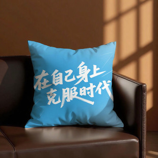 双面印花励志含枕芯小 篮底白字克服时代抱枕含芯桃皮绒ins风爆款