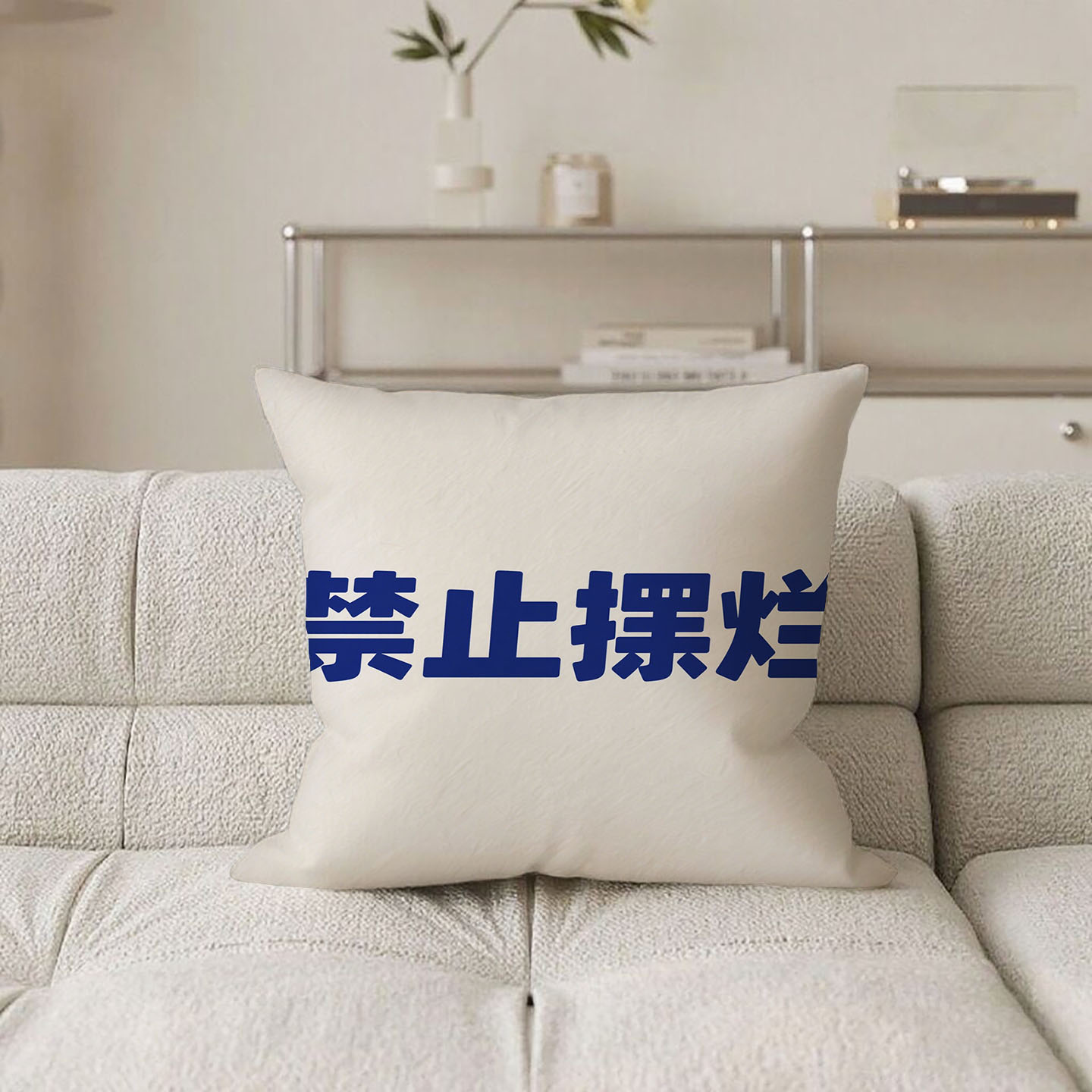 白底篮字禁止摆烂抱枕含芯桃皮绒双面印花家用小清新腰靠靠背卧室