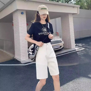 潮ins 白色直筒牛仔短裤 女夏新款 五分裤 高腰宽松阔腿韩系学生中裤