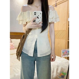 显瘦一字肩上衣小众设计感衬衣ins 纯欲风甜美短袖 衬衫 女夏季 修身