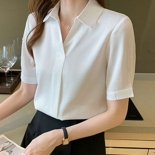 宽松气质polo领白色职业衬衣潮 设计感小众衬衫 上衣女短袖 夏季 新款