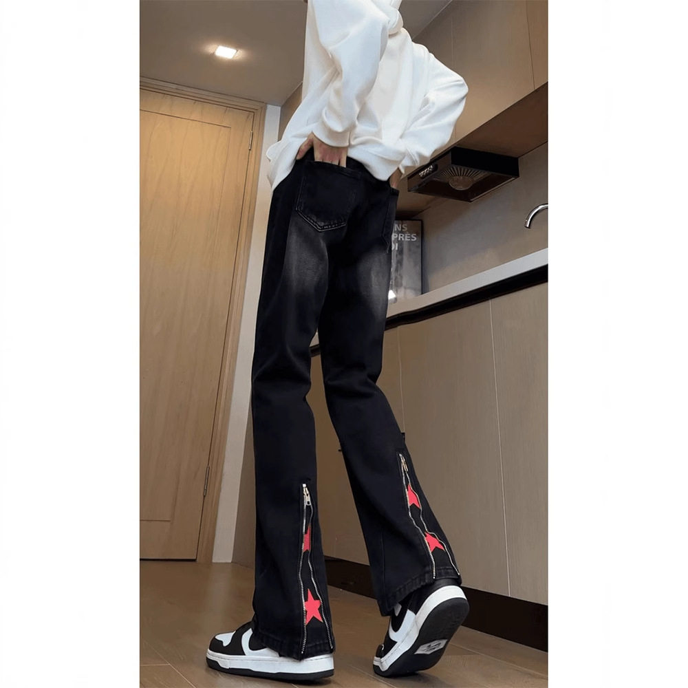 美式高街vibe裤子拉链黑色修身牛仔裤男款设计感直筒休闲微喇裤