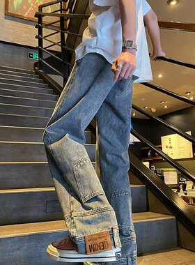 美式高街复古倒装反穿微喇学生牛仔裤宽松休闲直筒蓝色阔腿裤子男