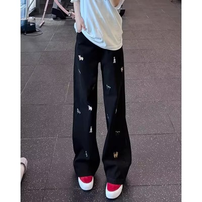 黑色线条小狗刺绣牛仔裤男款美式高街vibe裤子直筒宽松显瘦微喇裤