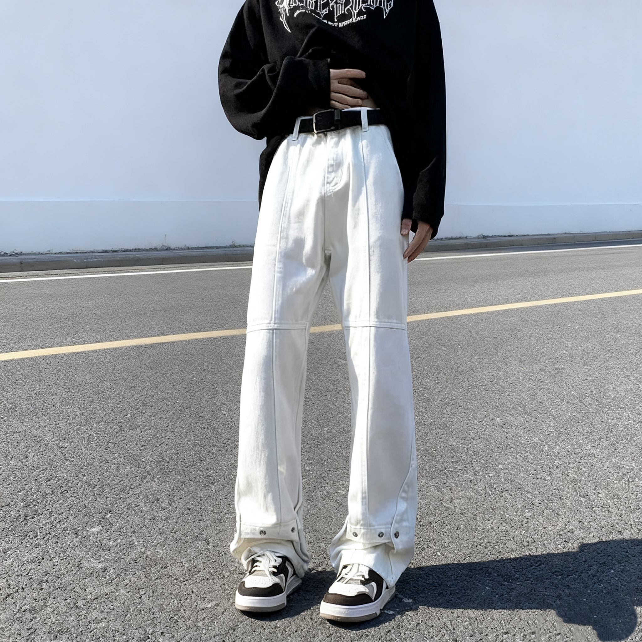 美式复古白色牛仔裤男款秋冬排扣