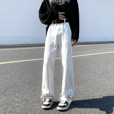 美式复古白色牛仔裤男款秋冬排扣