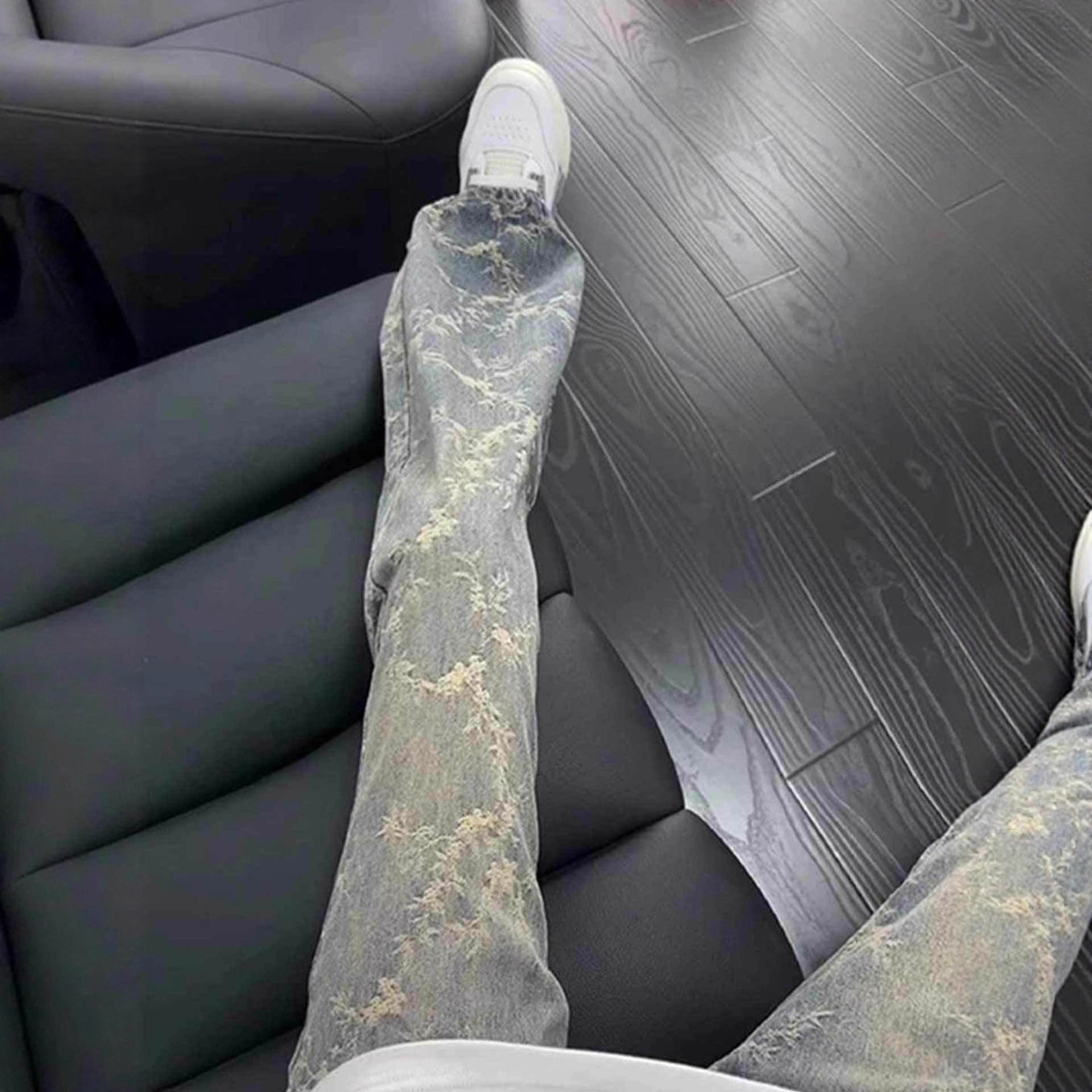 美式荆棘满印刺绣牛仔裤男潮牌痞帅高级感直筒裤窄版修身微喇长裤