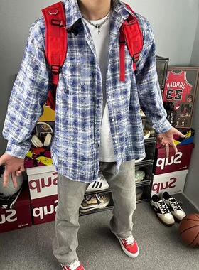 扎染格子衬衫男高级感痞帅春秋美式高街外套cleanfit格纹长袖衬衣