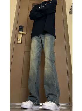 美式复古蓝微喇叭牛仔裤男款垂坠感直筒蓝色vibe长裤水洗牛仔裤