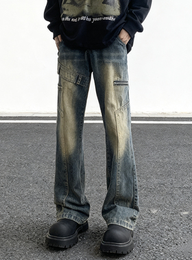 美式复古牛仔裤蓝色男款春夏季直筒微喇解构拉链伐木工装裤子