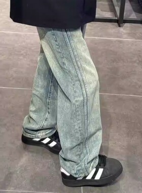 美式复古两杆牛仔男女同款长裤条纹裤子直筒侧边两条杠牛仔裤布裤