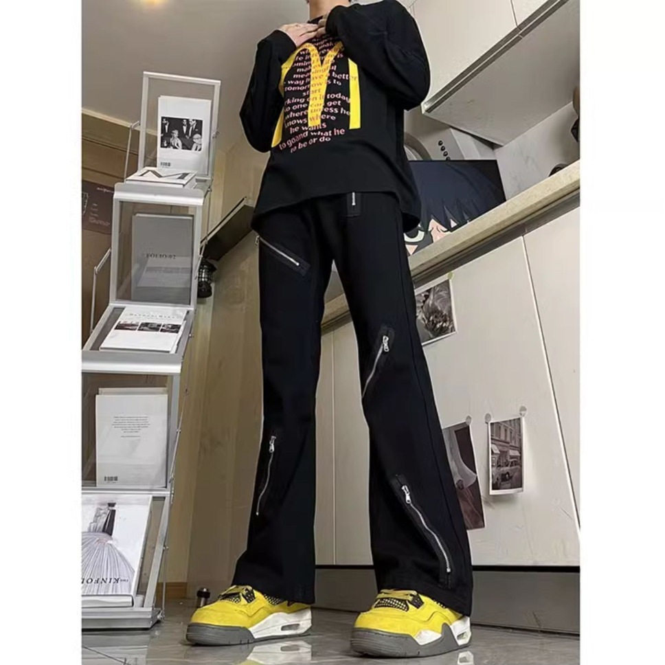 高街vibe裤子黑色牛仔裤男解构拉链设计潮牌痞帅宽松直筒微喇长裤