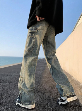 美式复古春夏季牛仔裤男宽松直筒开叉侧边拉链微喇裤子高街长裤