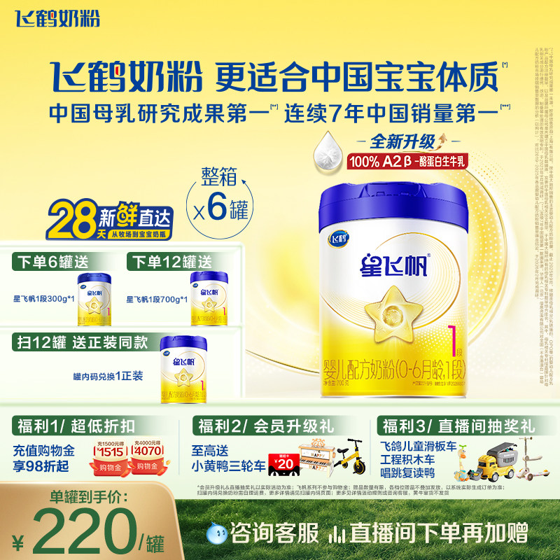 [A2奶源]飞鹤星飞帆1段0-6个月婴儿配方奶粉700g*6罐5HMOs专利OPO