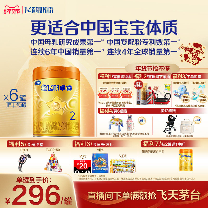 【官方正品】飞鹤卓睿ProA2β-酪蛋白2段婴儿奶粉758g*6罐官方,婴童奶粉,婴幼儿牛奶粉,淘宝优惠券,粉丝福利购,淘宝优惠卷