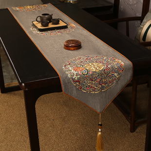 中式刺绣桌旗亚麻餐垫布垫全套茶几茶台垫布茶道茶艺茶几旗布定制