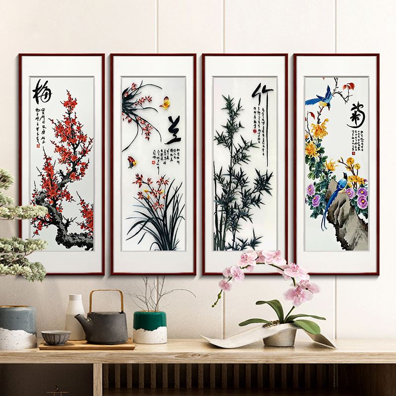 梅兰竹菊苏绣挂画新中式客厅沙发背景墙装饰画餐厅中国风壁画刺绣图片