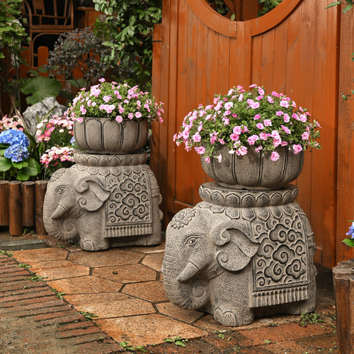 荷府中式仿石大象花盆雕刻