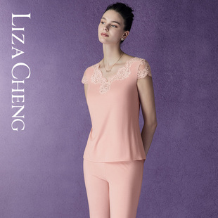 LL00214 Liza Cheng莫代尔睡衣桑蚕丝蕾丝宽松短袖 长裤 家居服套装