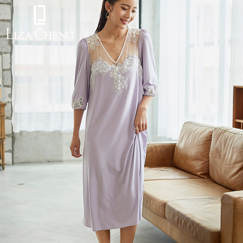 LizaCheng星夜迷情系列莫代尔宽松睡裙立体蕾丝七分袖长裙LL00073 - 实物图