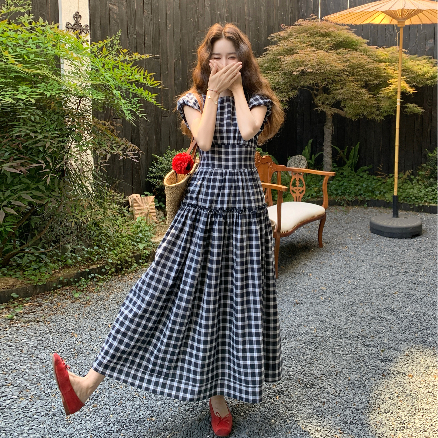 格子法式复古小清新减龄连衣裙女