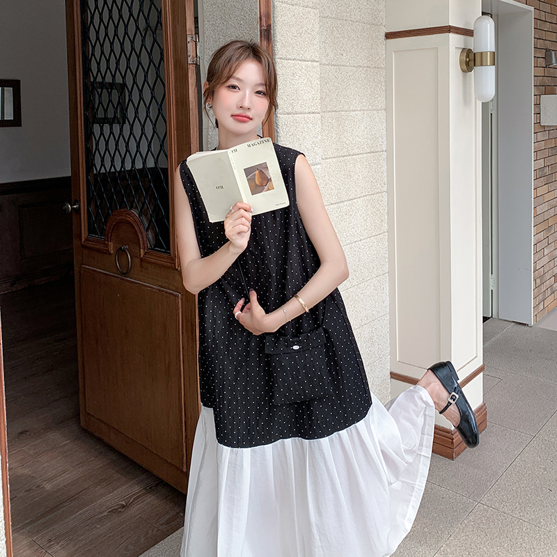 黑色波点法式慵懒风连衣裙女2025夏季新款时尚拼接宽松显瘦背心裙