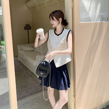 韩系小个子休闲显瘦穿搭马甲套装裙女2025夏季新款百褶短裙两件套