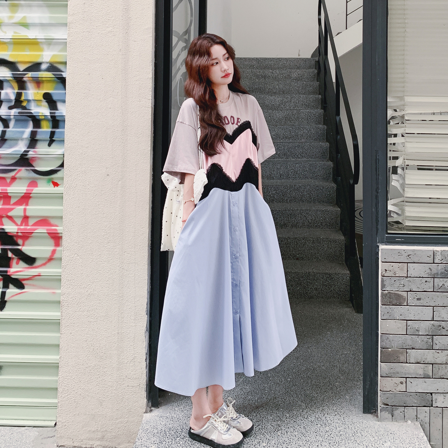 韩版宽松显瘦慵懒风拼色假两件连衣裙女2025夏季新款松弛感T恤裙