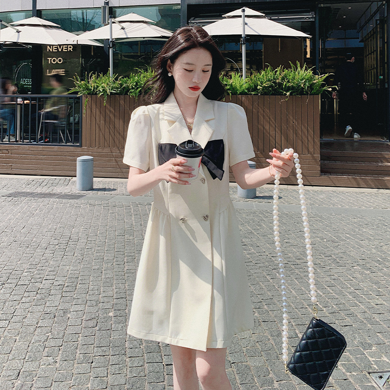 时尚小香风气质蝴蝶结西装裙女夏季新款减龄收腰御姐风撞色连衣裙
